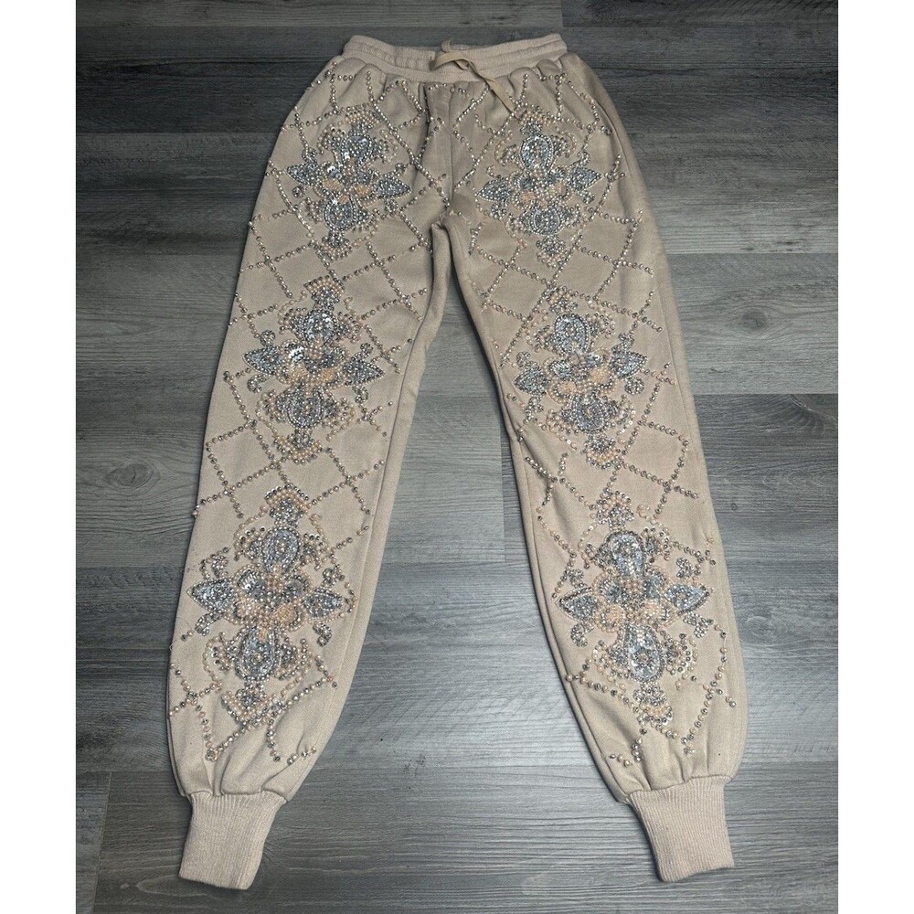 ASOS Starry Eyed Heavily Embellished Joggers Beige Baroque Size 4 Petite